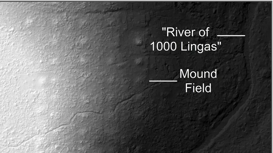 LiDAR-derived bare-earth model in the Phnom Kulen survey block showing a mound field near the River of a Thousand Lingas.