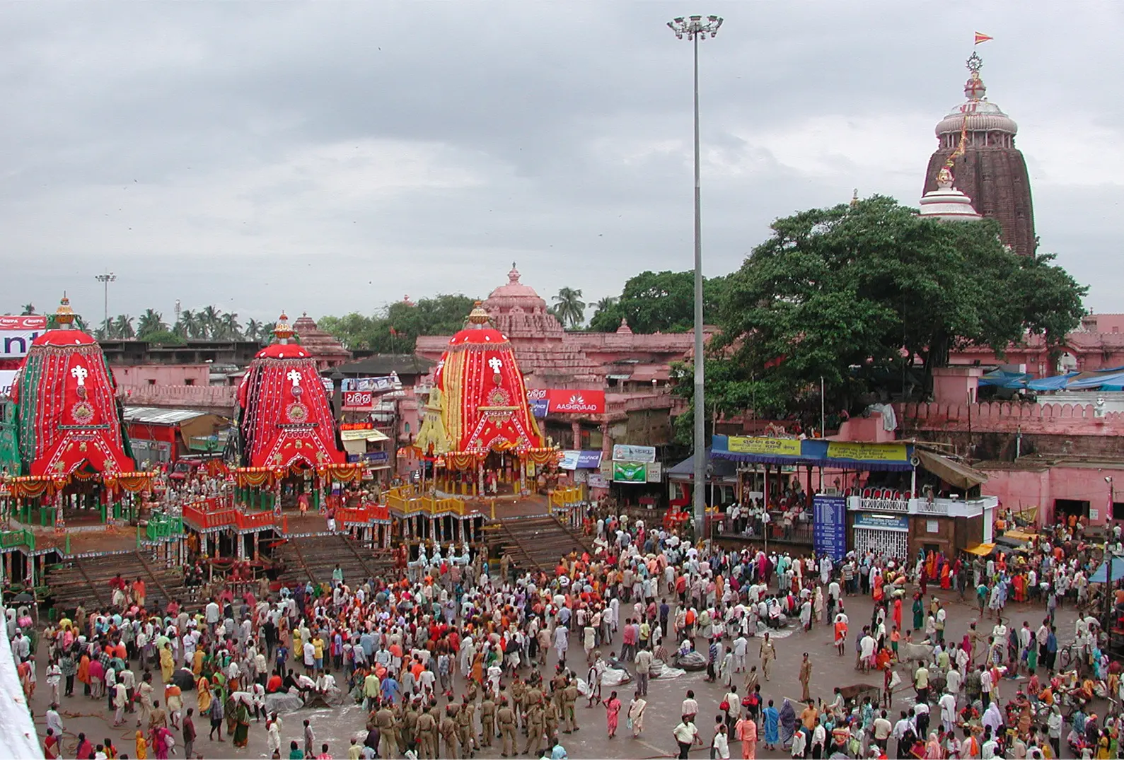 Crowds and chariots during the Ratha Yatra in Puri