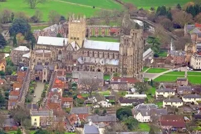 Aerial view of Wells Cathedral and the cathedral precinct including Vicars' Close.