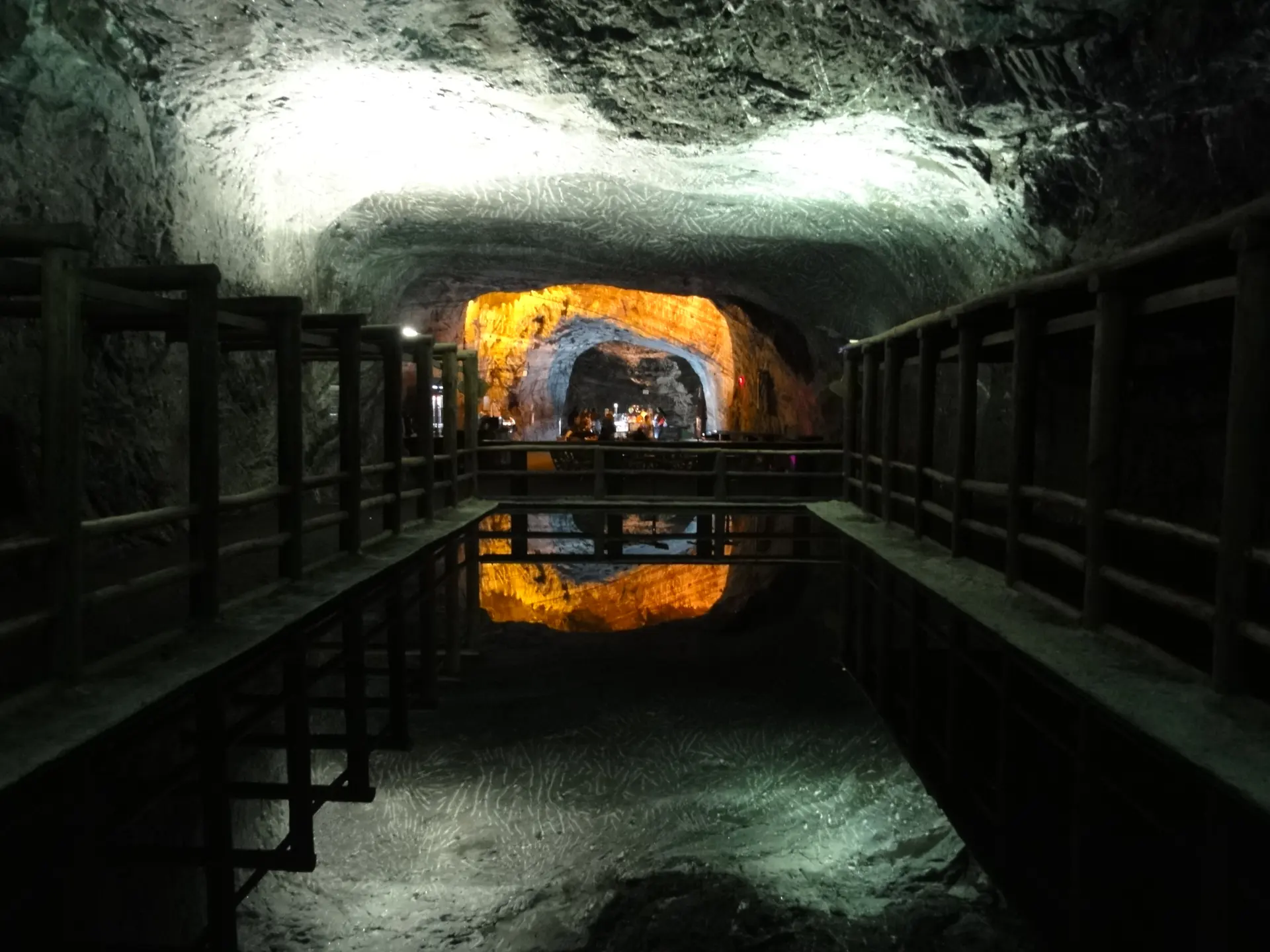 Brine water mirror reflecting salt rock in Zipaquirá