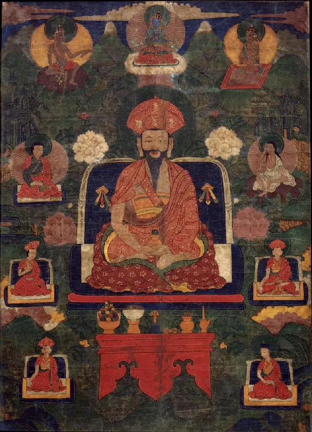 Center: Shabdrung Ngagwang Namgya. Above: primordial Buddha Vajradhara. Left: mahasiddha Tilopa with a fish. Seated right: Naropa. Sides: monks,lamas, and a yogi in a white robe.
Ground Mineral Pigment on Cotton. Collection of Rubin Museum of Art.