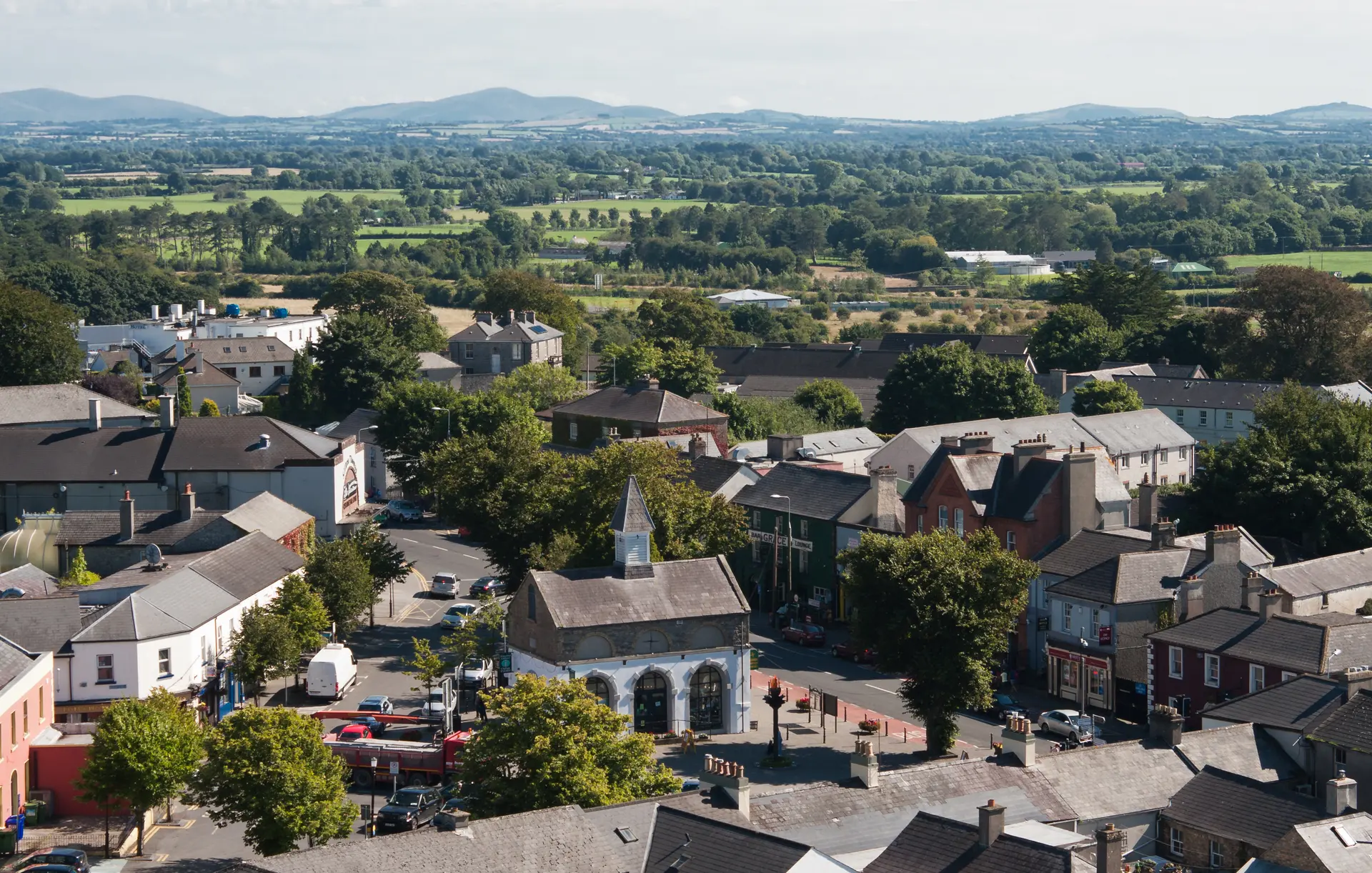 Market square and heritage centre as seen from the top of the round tower of St. Brigid's Cathedral.